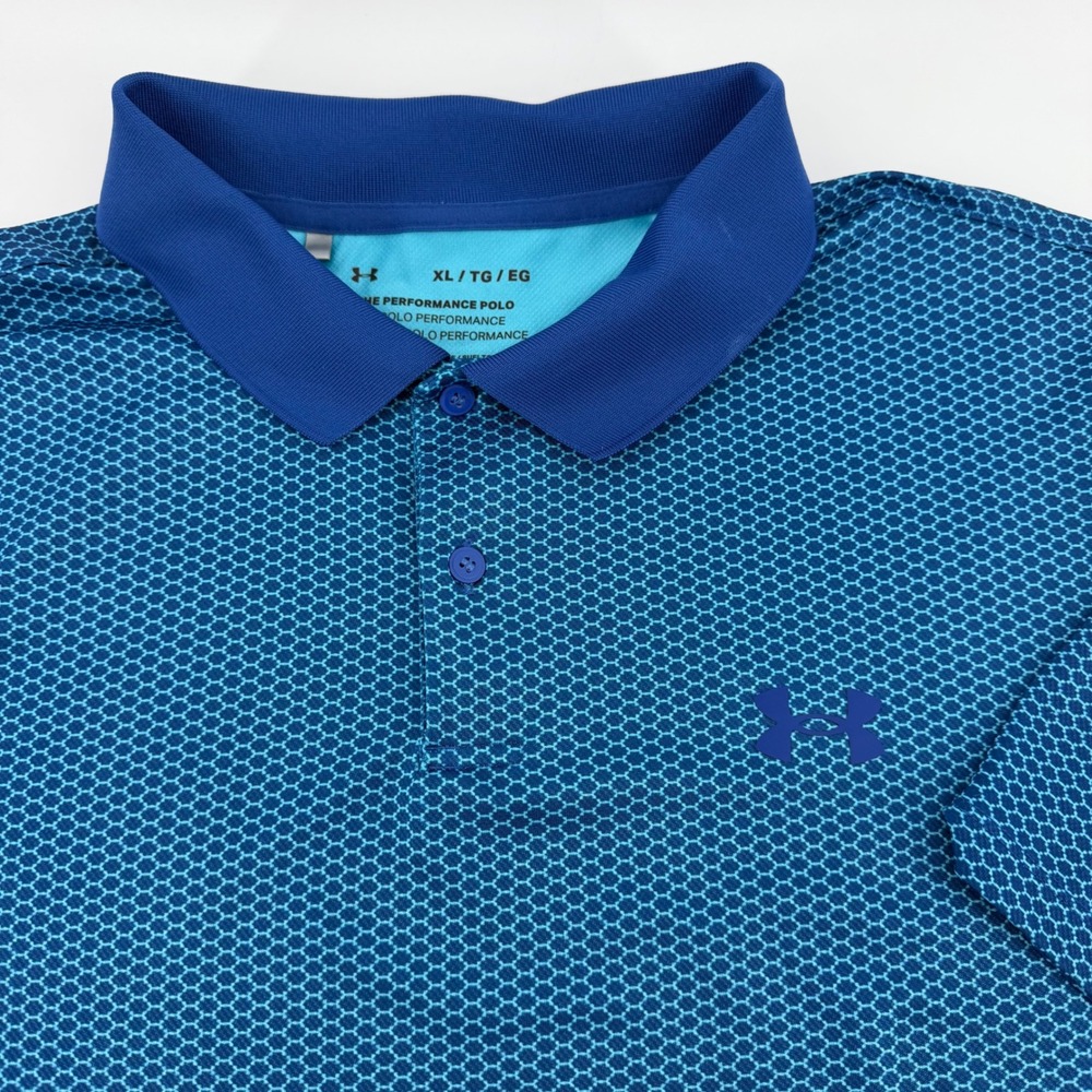 Under Armour Polo Mens XL Blue Performance Short Sleeve Hexagon Geometric Loose